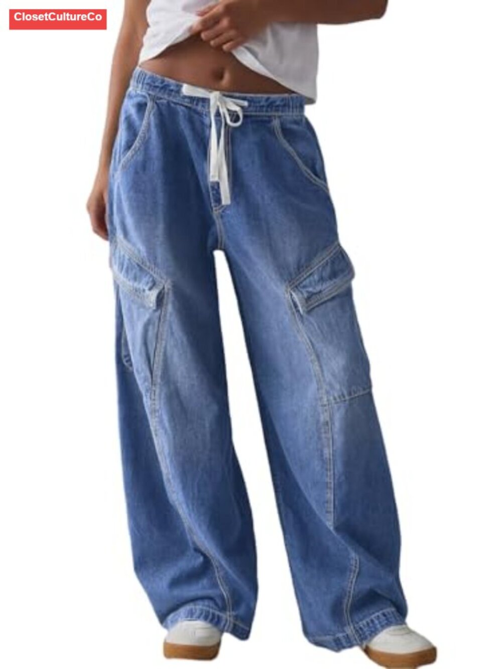 Womens Mid Low Rise Boyfriend Baggy Jeans Drawstring Waist Cargo Pockets